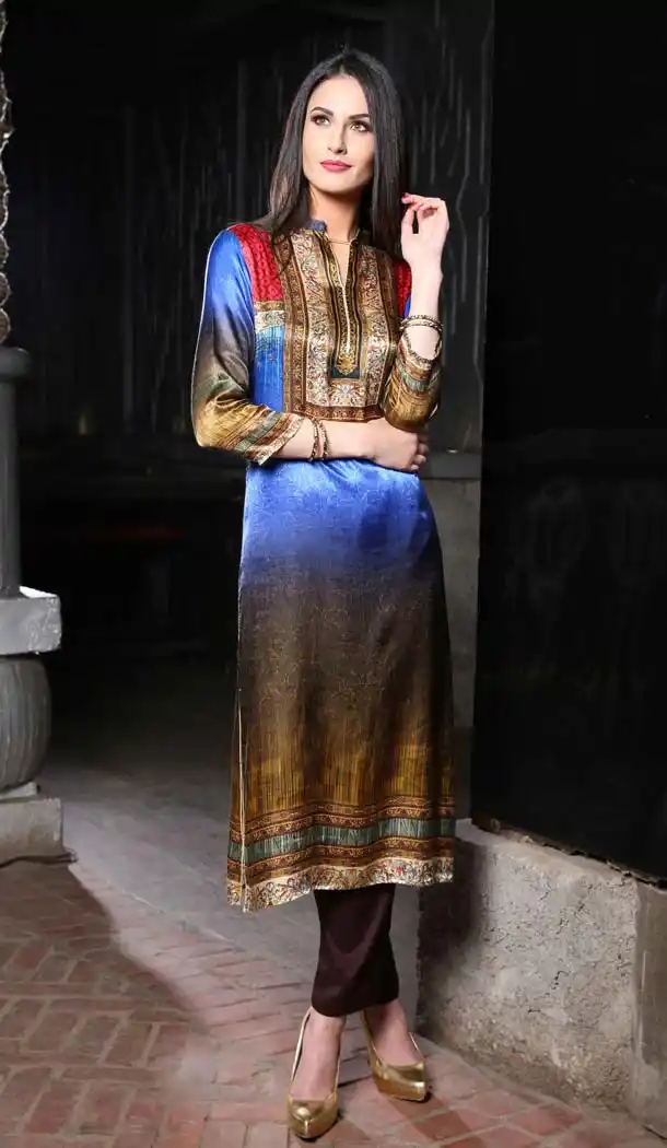 Silk Digital Print Blue Color Straight Readymade Kurtis | FH604588250