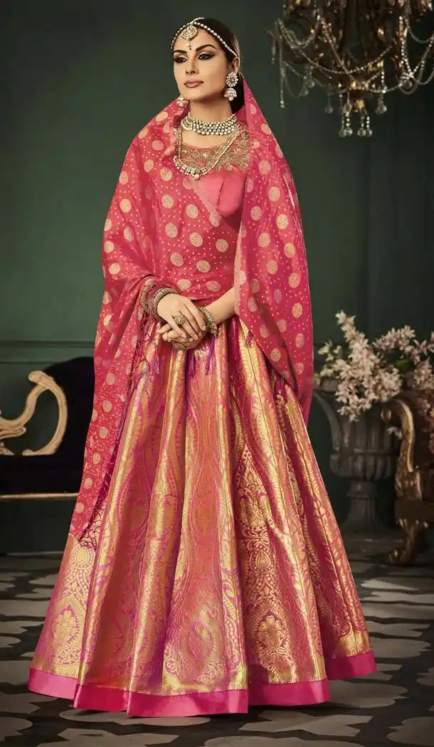 Banarasi Silk Circular Salmon Designer Lehenga | FH605288272