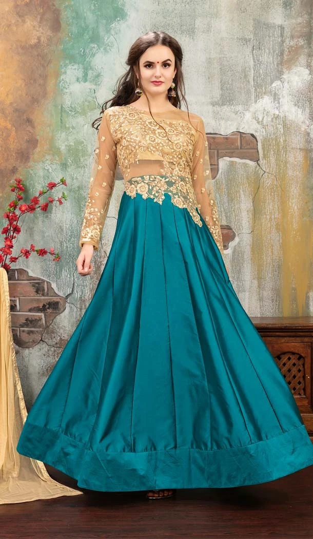 A Line Style Silk Aqua Blue Color Party Wear Salwar Kameez | FH607088459