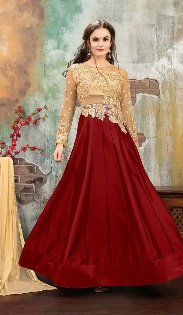 A Line Style Silk Maroon Color Party Wear Salwar Kameez | FH607088461