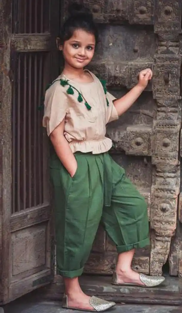 Beige and Green Khadi Work Western Clothe For Girls | FH607488494