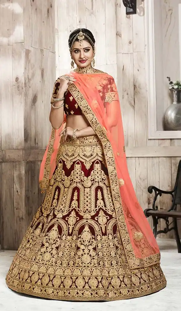 Velvet Fabric Maroon Color A Line Wedding Wear Lehenga | FH607788520
