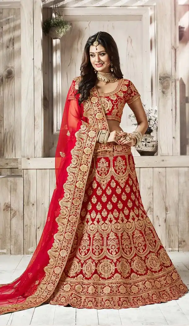 A Line Style Velvet Fabric Red Color Wedding Wear Lehenga | FH607788525