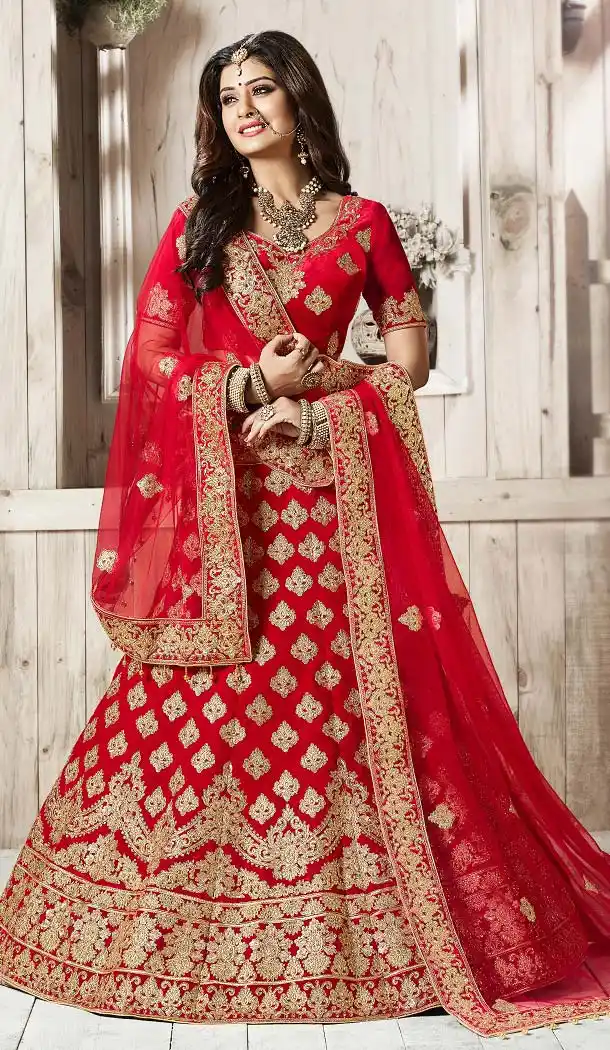 A Line Style Red Color Velvet Fabric Wedding Wear Lehenga | FH607788526