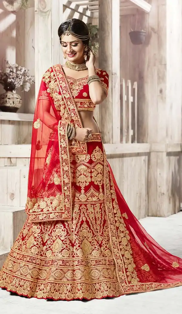 A Line Style Wedding Wear Red Color Velvet Fabric Lehenga | FH607788527