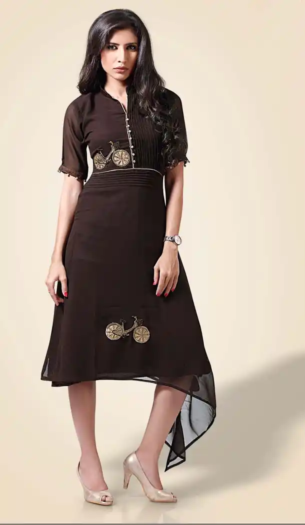 Chocolate Color Georgette Straight Style Readymade Kurti | FH610188750