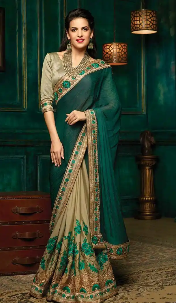 Bottle Green Color Crepe Silk Party Wear Style Fancy Saree | FH610488868