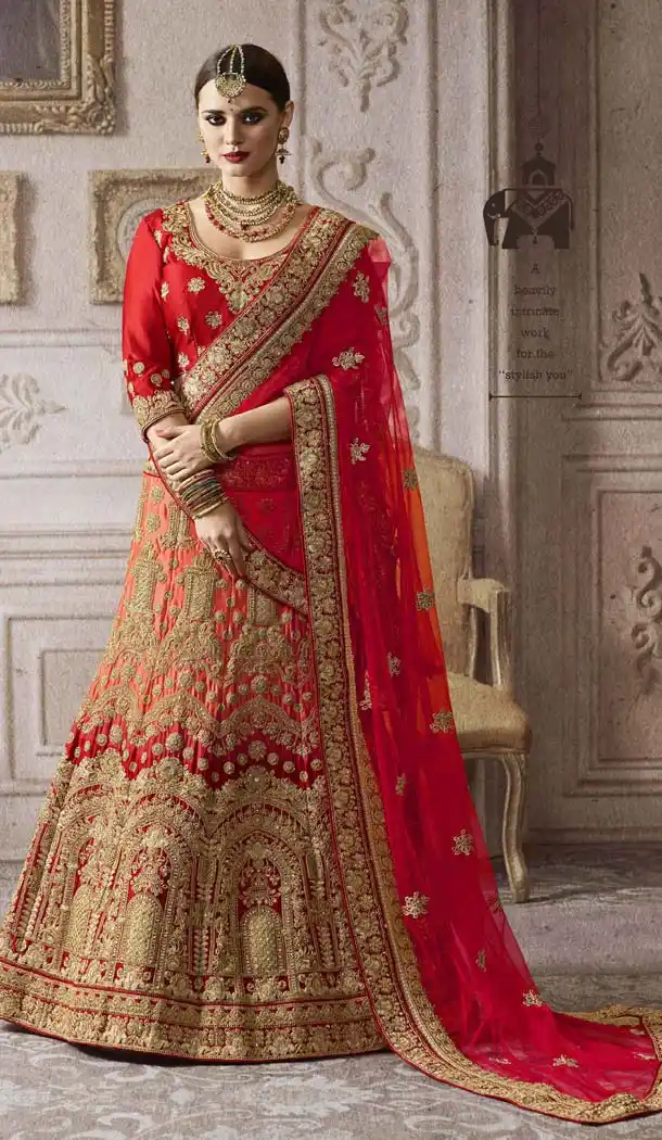 Women Crimson Color Satin A Line Engagement Lehenga | FH611088876