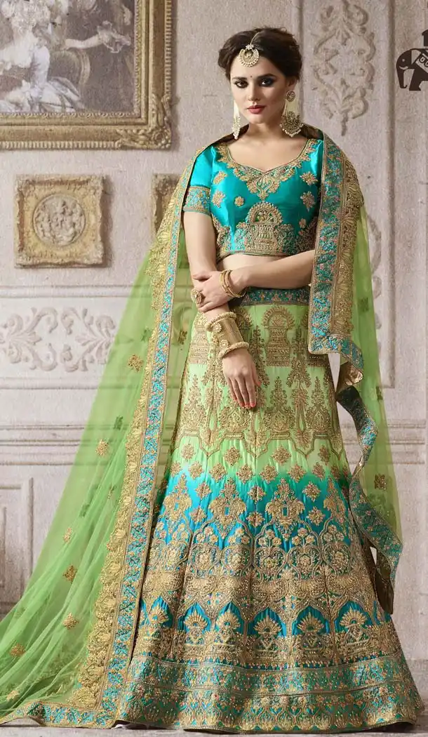 Women Aloe Vera Green Color Satin A Line Engagement Lehenga | FH611088877