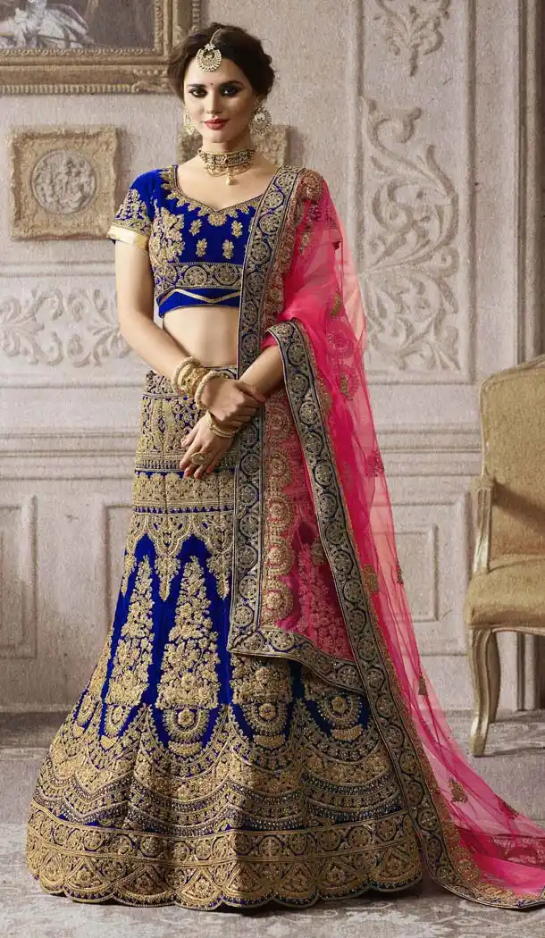 Women Blue Color Velvet A Line Engagement Lehenga | FH611088883