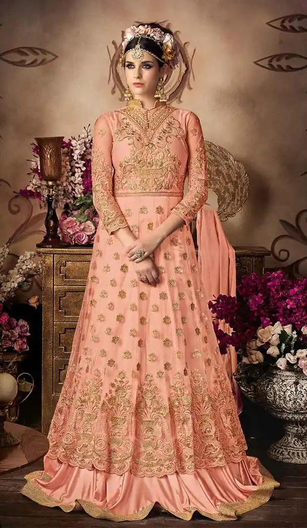 Salmon Color Net Long Anarkali Style Designer Salwar Kameez | FH611188888