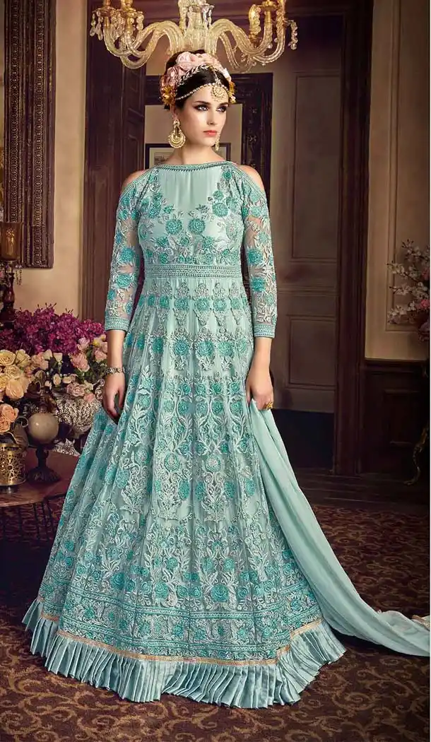 Turquoise Color Net Long Anarkali Style Designer Salwar Kameez | FH611188893