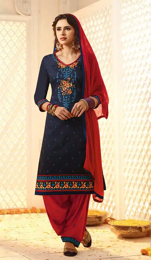 Navy Blue Color Cotton Straight Cut Patiyala Suit | FH612489105
