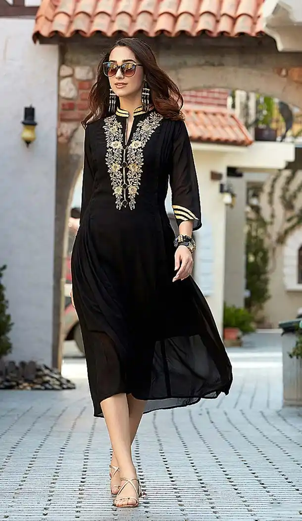 Georgette with Embroidery Work Black Readymade Kurti | FH613389176