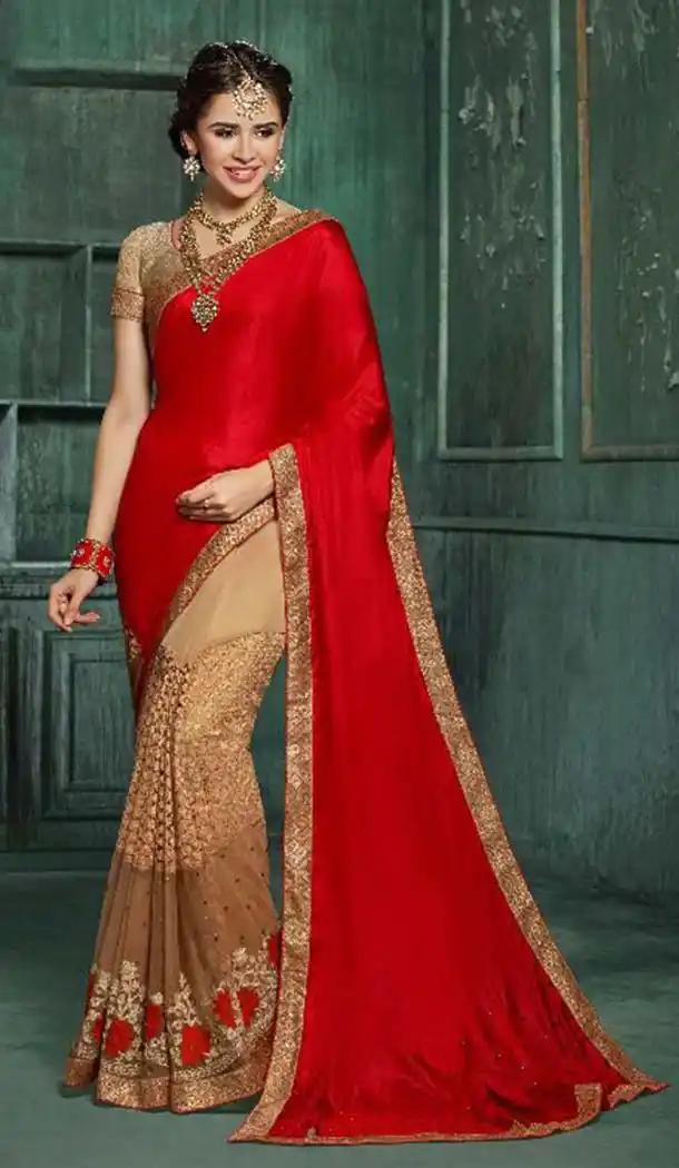 Georgette Fabric Red Color Embroidery Party Wear Saree | FH613689208