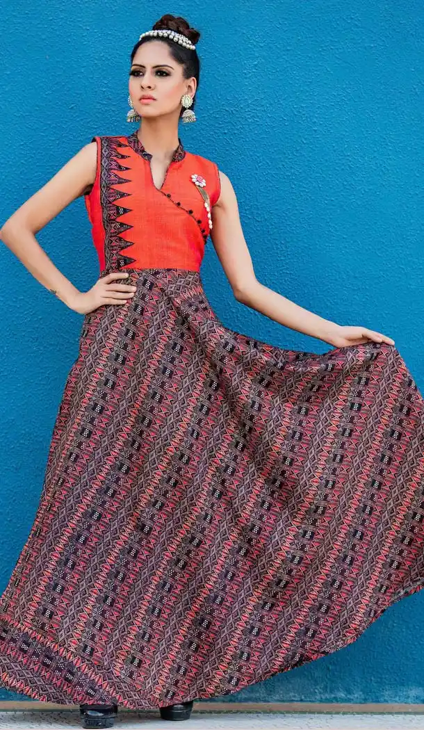 Deep Orange Color with Silk Party Wear Readymade Gown | FH614089252
