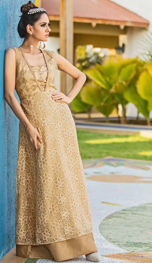 Beige Color with Silk Party Wear Readymade Gown | FH614089254
