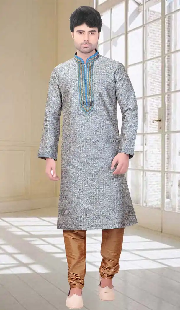 Grey Color in with Jacquard Fabric Mens Wear Readymade Kurta Pajama | FH614286241