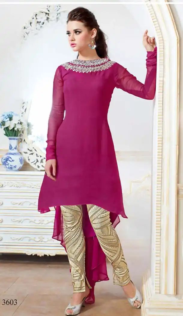 Dark Fuchsia Faux Georgette Asymmetric Kameez with Straight Pant