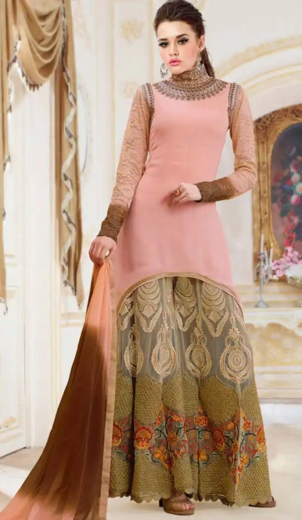 Peach Faux Georgette Asymmetric Kameez with Palazzo