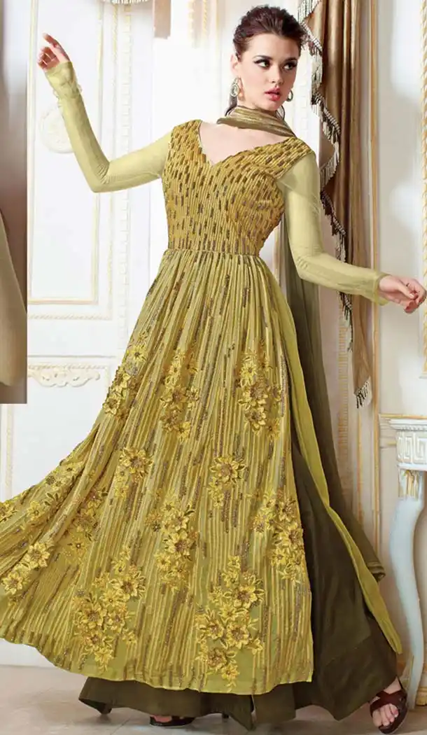Olive Green Faux Georgette Abaya Style Kameez with Palazzo