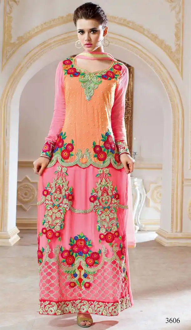 Orange and Pink Net and Faux Georgette Abaya Style Churidar Kameez