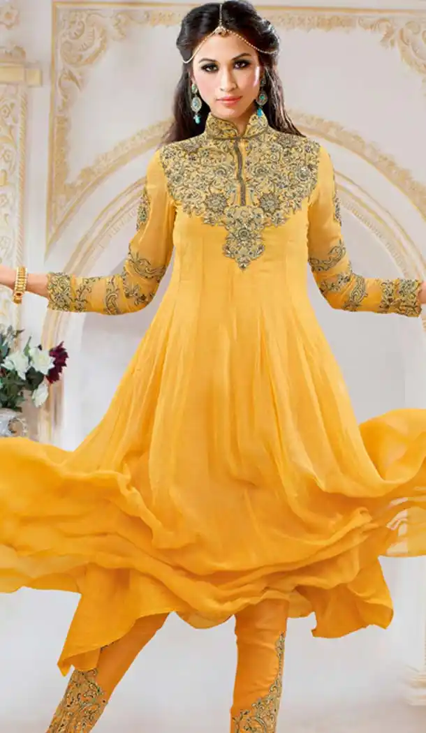 Light Mustard Faux Georgette Asymmetric Kameez with Straight Pant