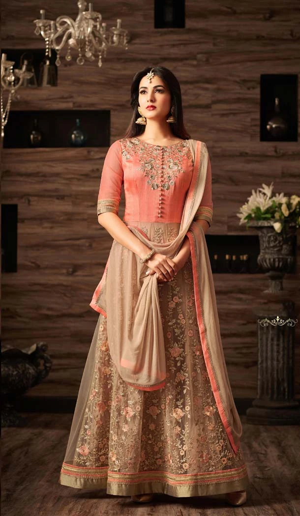 A Line Crystals Stones Work Salmon Color Party Wear Churidar Suit | FH617889597