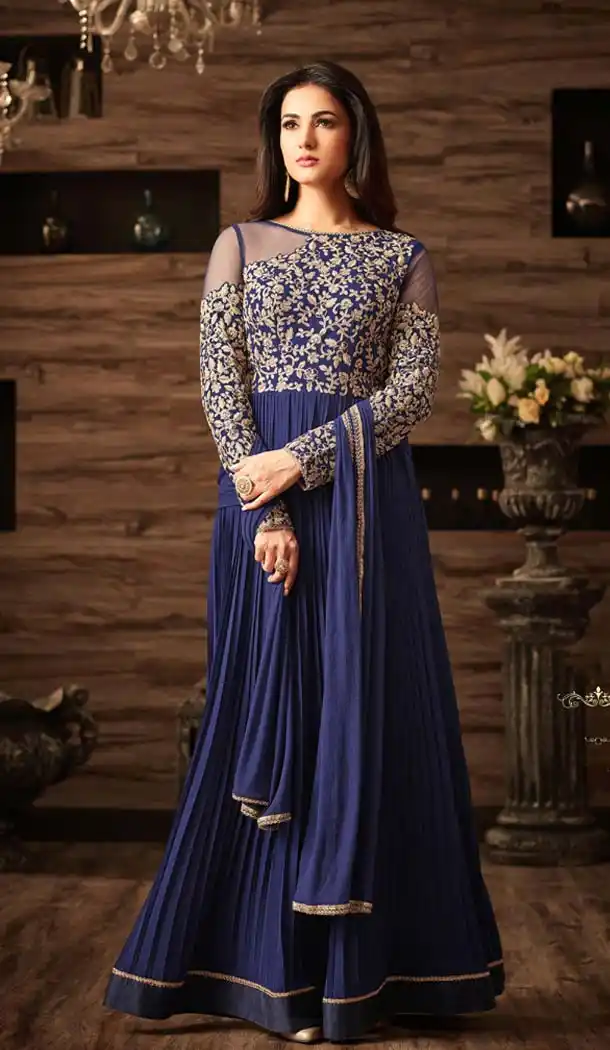 A Line Crystals Stones Work Navy Blue Color Party Wear Churidar Suit | FH617889598