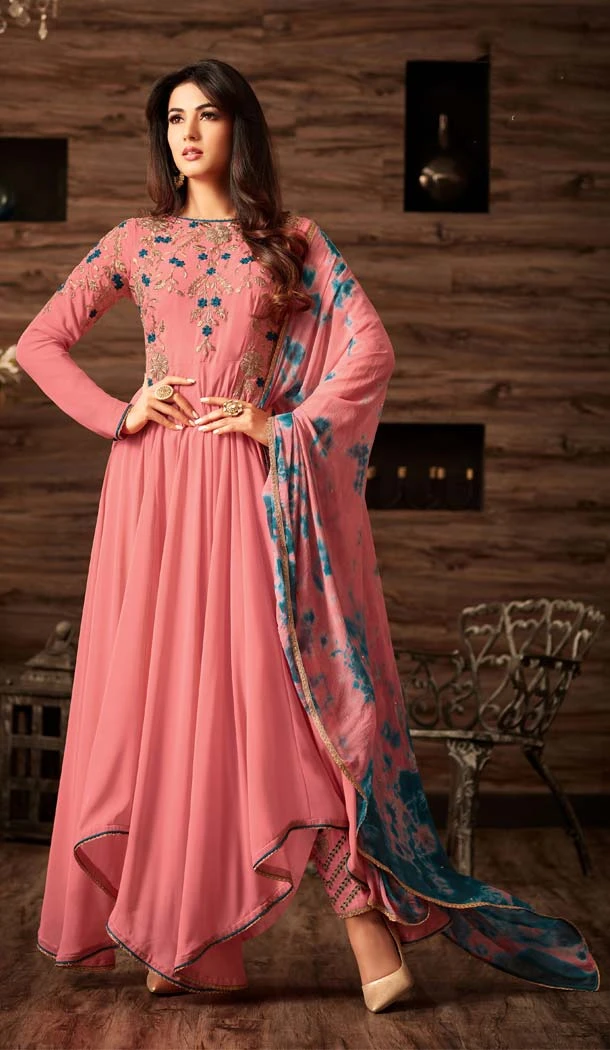 A Line Crystals Stones Work Pink Color Party Wear Churidar Suit | FH617889602