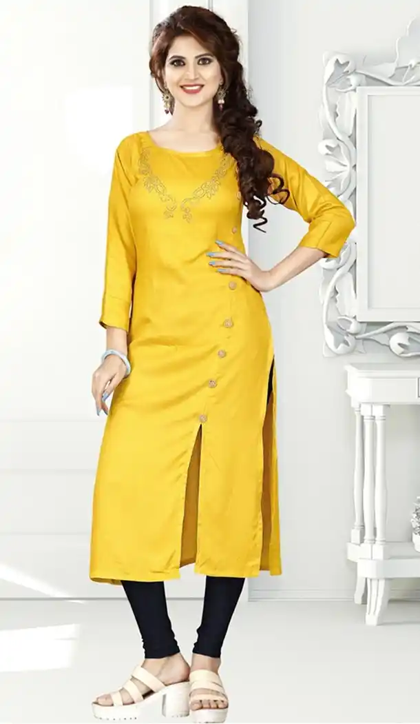Yellow Color Rayon Party Wear Style Readymade Kurti | FHKF735469960