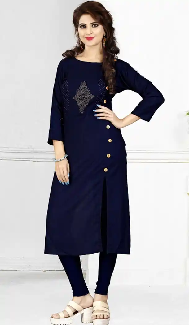 Navy Blue Color Rayon Party Wear Style Readymade Kurti | FHKF735469961