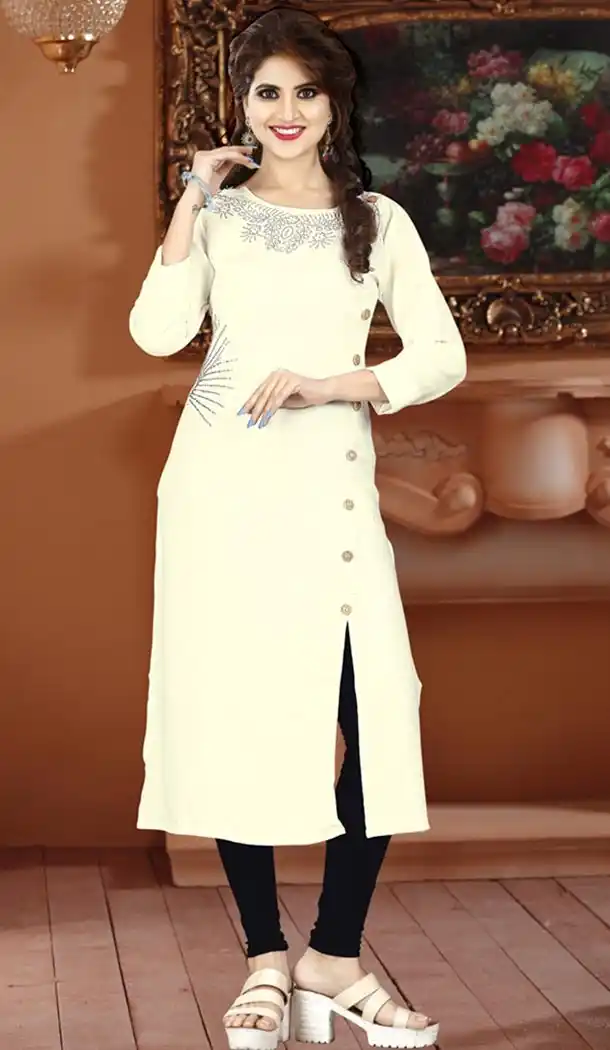 Cream Color Rayon Party Wear Style Readymade Kurti | FHKF735469962