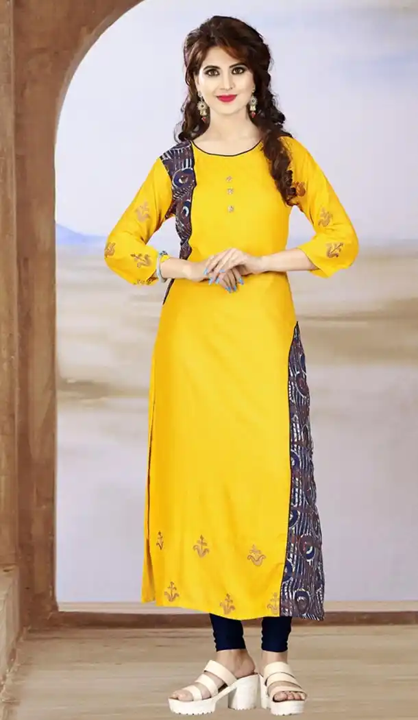 Vogue Trend Yellow Color Rayon Party Wear Style Readymade Kurti | FHKF735469963