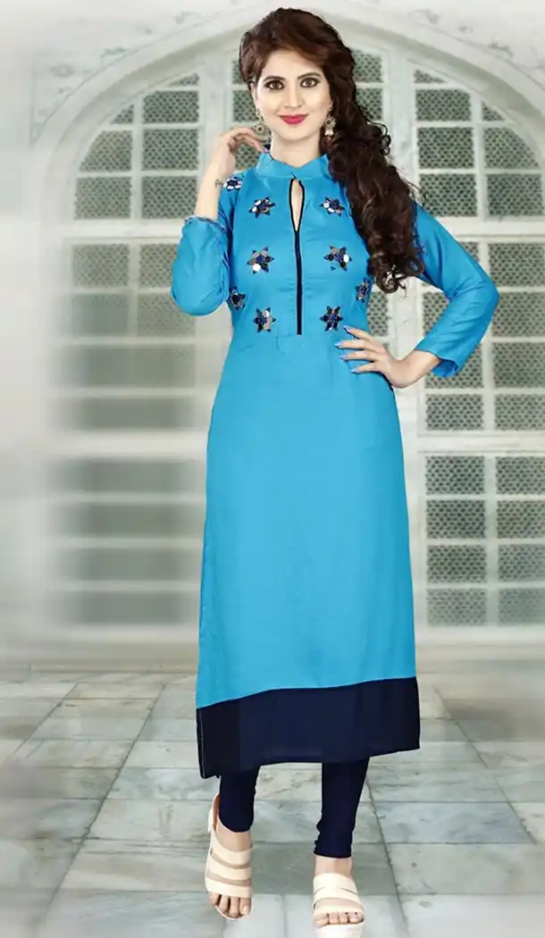 Sky Blue Color Rayon Party Wear Style Readymade Kurti | FHKF735469967