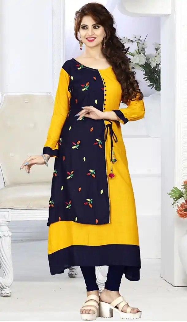 Yellow Color Rayon Party Wear Style Readymade Kurti | FHKF735469969