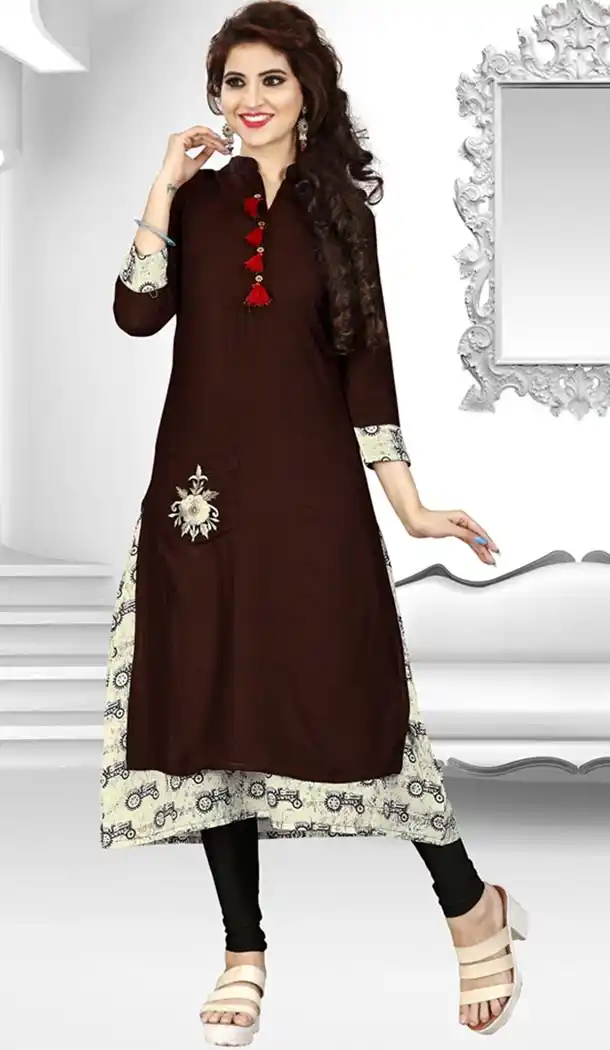 Brown Color Rayon Party Wear Style Readymade Kurti | FHKF735469970