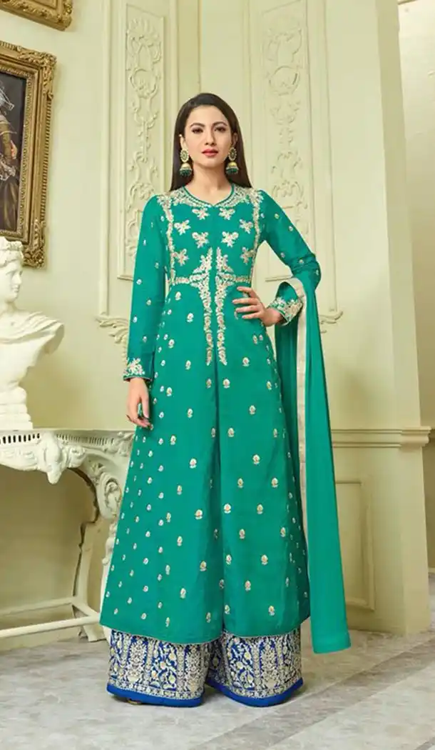 Teal Color Silk Embroidery Anarkali Salwar Kameez | KF798776609