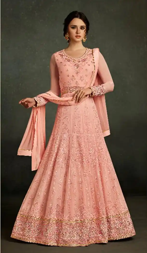 Georgette Peach Color Long Anarkali Style Salwar Kameez | KF799476655