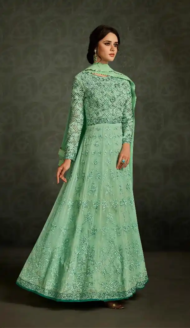 Georgette Pista Green Color Long Anarkali Style Salwar Kameez | KF799476656