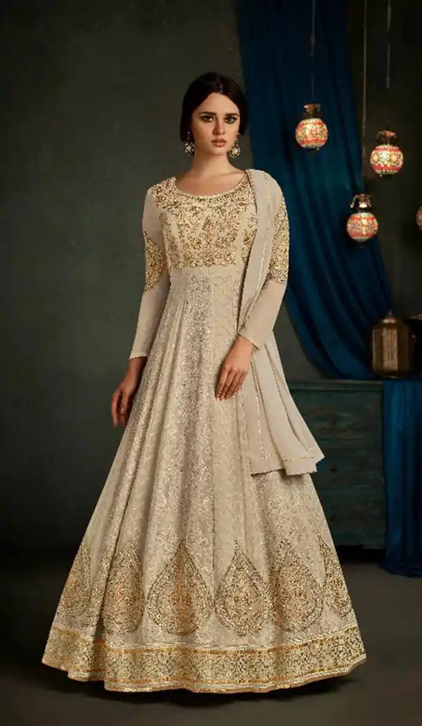 Georgette Cream Color Long Anarkali Style Salwar Kameez | KF799476657