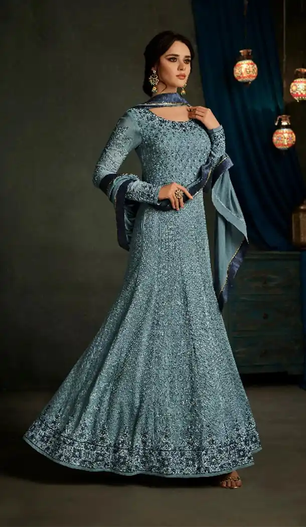 Grey Cream Color Long Anarkali Style Salwar Kameez | KF799476658