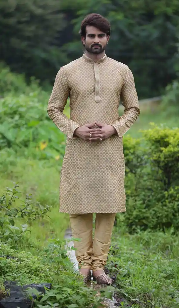 Eid Festival Mens Readymade Kurta Pajama in Beige Color | KF13876066