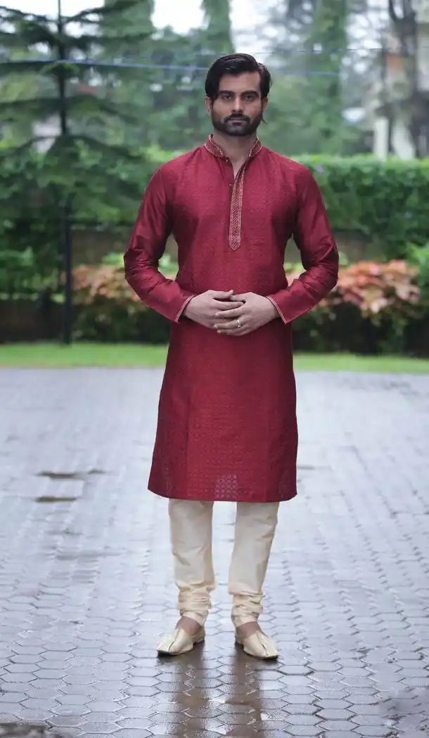 Eid Festival Mens Readymade Kurta Pajama in Dark Red Color | KF13876067