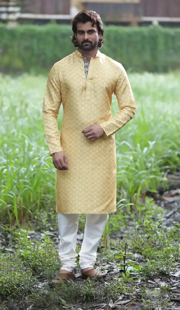 Eid Festival Mens Readymade Kurta Pajama in Yallow Color | KF13876072