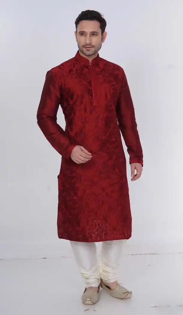 Eid Festival Mens Readymade Kurta Pajama in Maroon Color | KF13876074