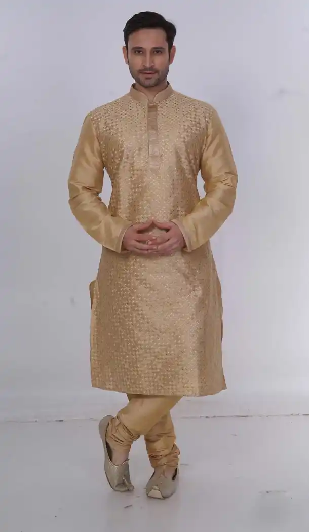 Eid Festival Mens Readymade Kurta Pajama in Golden Color | KF13876075