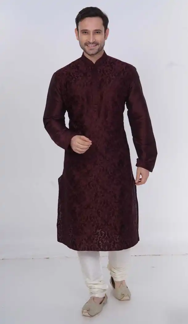 Eid Festival Mens Readymade Kurta Pajama in Maroon Color | KF13876076
