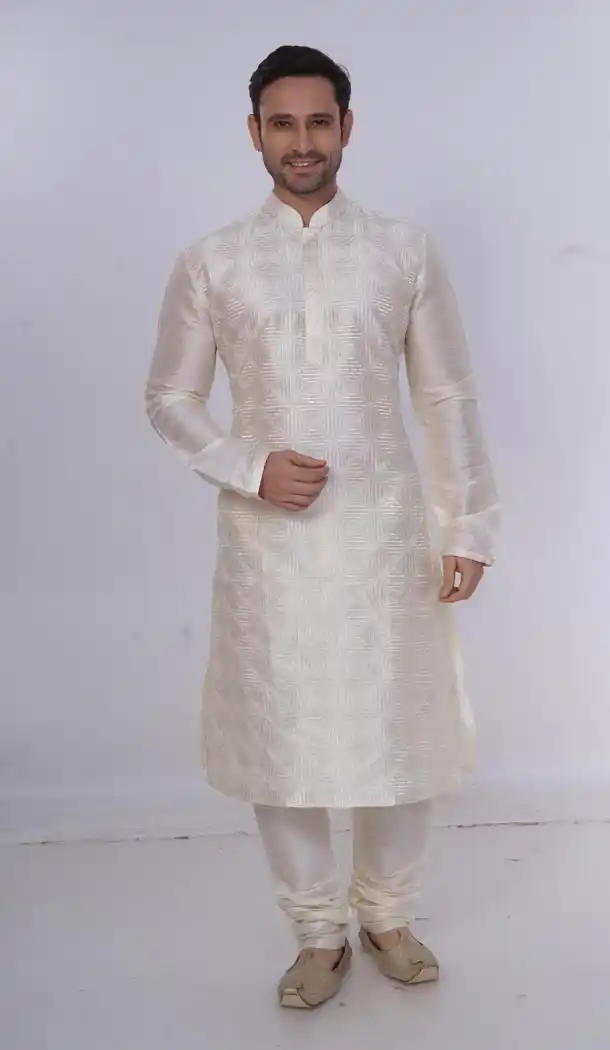 Eid Festival Mens Readymade Kurta Pajama in Off White Color | KF13876078