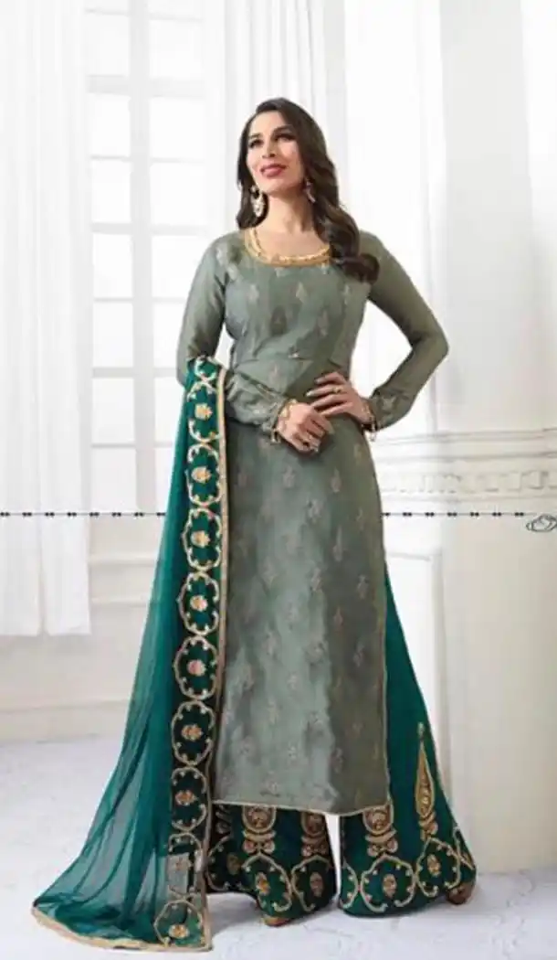 Grey Color Satin Party Wear Style Plaza Salwar Suit | KF810077474